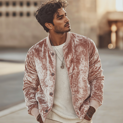 Men's Urban Light Pink Velvet Button-up Baseball Jacket MTA0470L8U