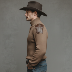 Men's Classic Retro Western Style PU Leather Epaulette Stand Collar Slim Fit Sweater MTA3037K3K