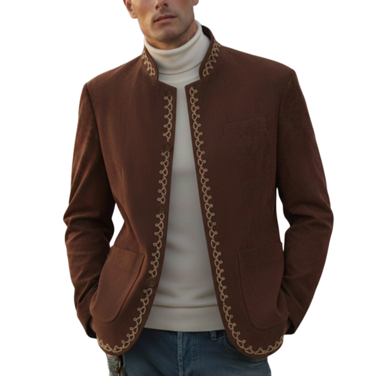 Men's Classic Retro Stand-up Collar Embroidered Faux Suede Jacket MTA2582K1K
