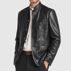 Men's Retro Casual Solid Color PU Stand Collar Leather Jacket MTA1112K3TO