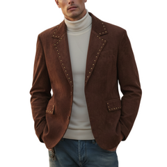 Men's Classic Retro Western Style Stand-up Collar Metal Studded Faux Suede Blazer MTA1026K3K