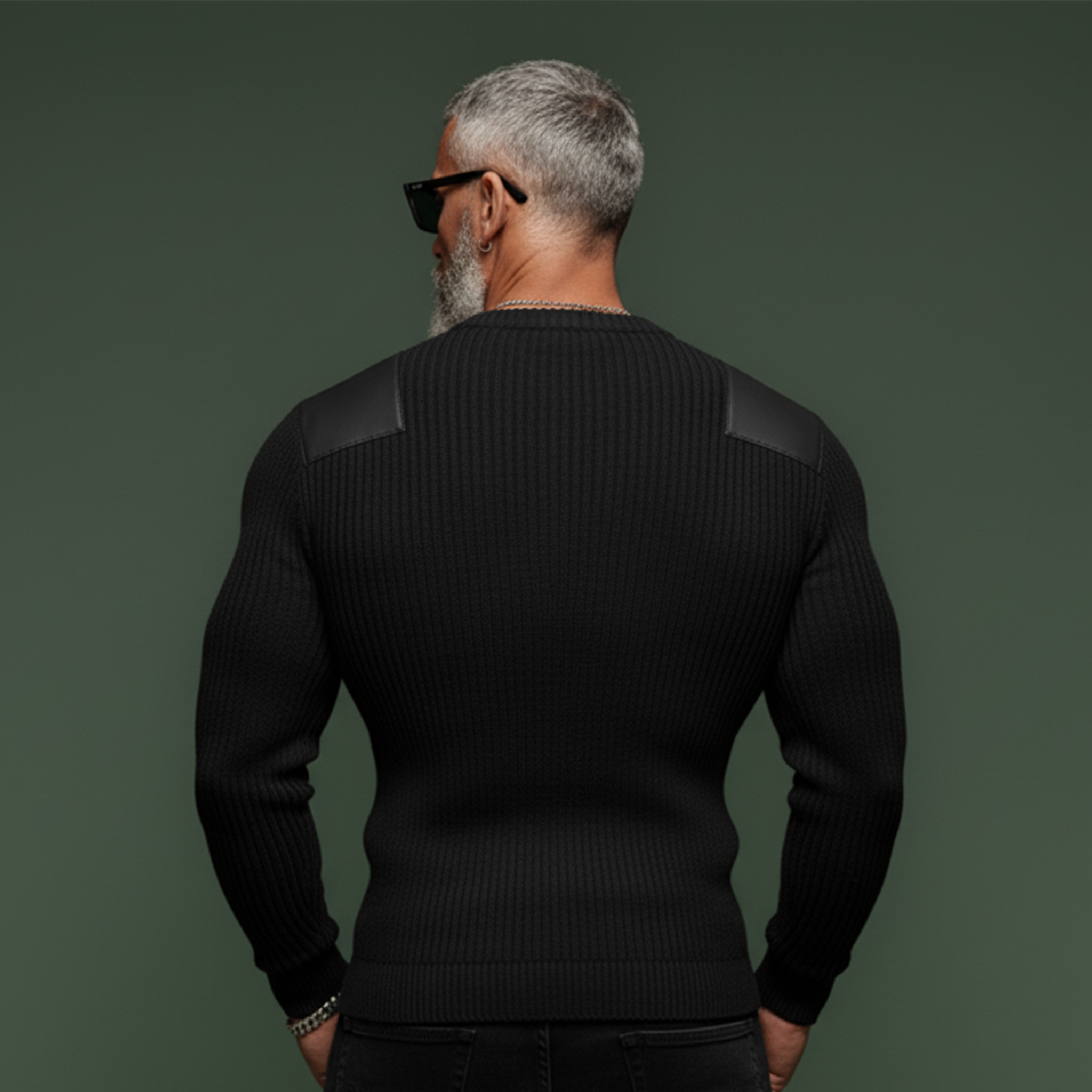 Men's Classic Casual  PU Leather Shoulder Slim Fit Crew Neck Sweater MTA2496K7K