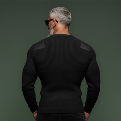 Men's Classic Casual  PU Leather Shoulder Slim Fit Crew Neck Sweater MTA2496K7K