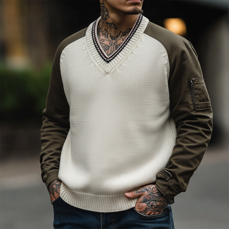 Men's Fashion Cotton Blend Patchwork V-Neck Sweater MTA1749K3P