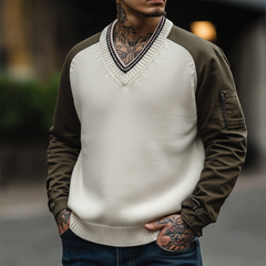 Men's Fashion Cotton Blend Patchwork V-Neck Sweater MTA1749K3P