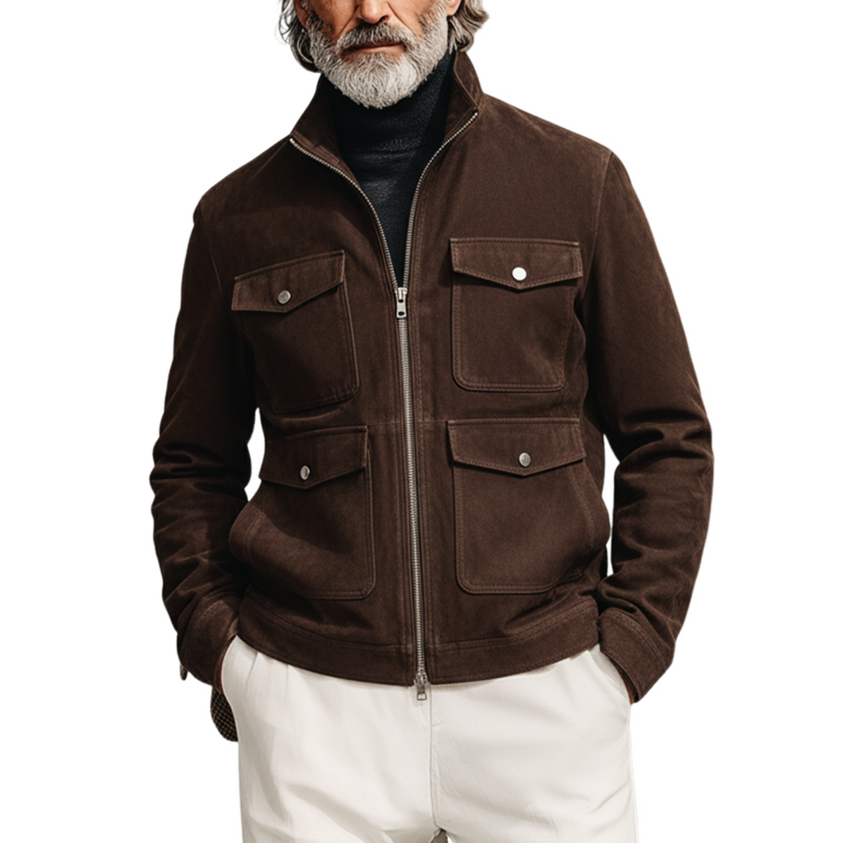 Men's Classic Light Business Stand Collar Multi-Pocket Faux Suede Jacket MTA0487K5K