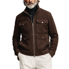 Men's Classic Light Business Stand Collar Multi-Pocket Faux Suede Jacket MTA0487K5K