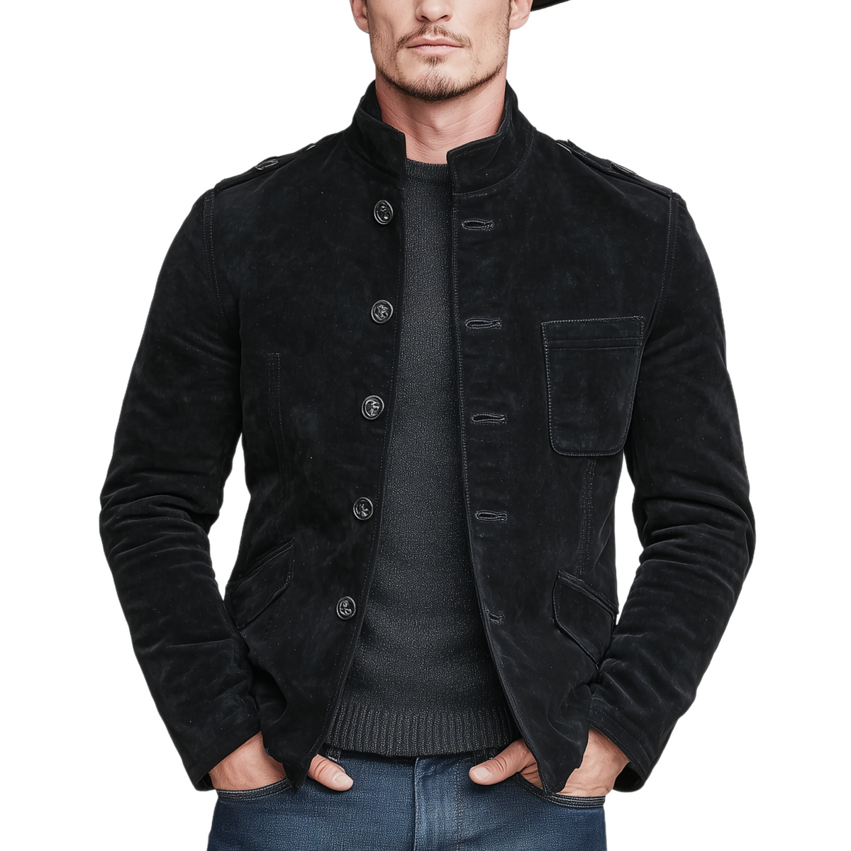 Men's Classic Retro Western Style Stand-up Collar Multi-pocket Faux Suede Jacket MTA1730K5K