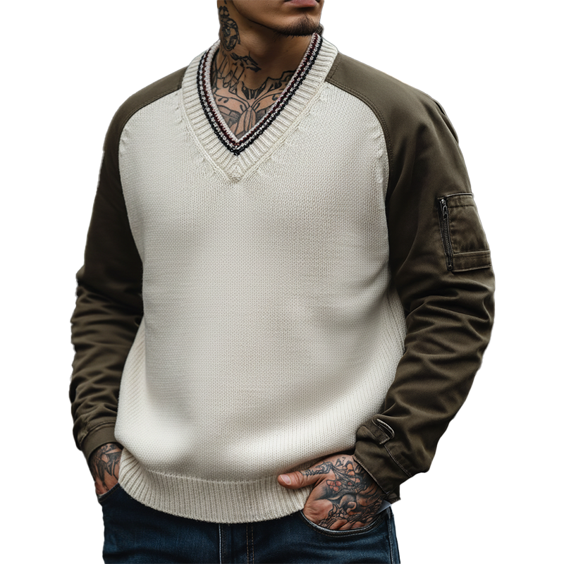 Men's Fashion Cotton Blend Patchwork V-Neck Sweater MTA1749K3P