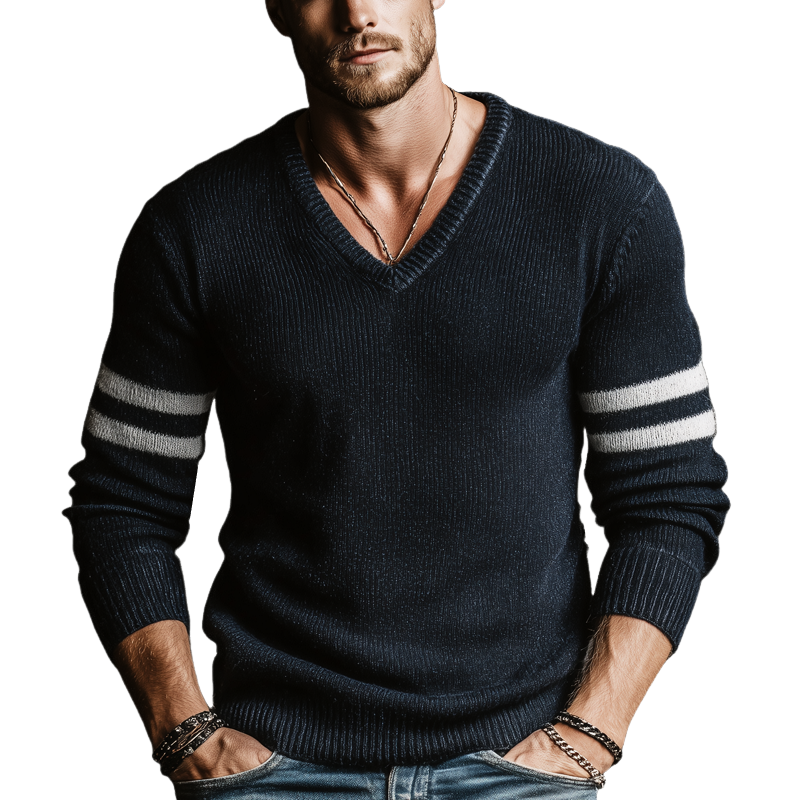 Men's Urban Style Navy Blue V-neck Slim-fit Knitted Sweater MTA0165L0U