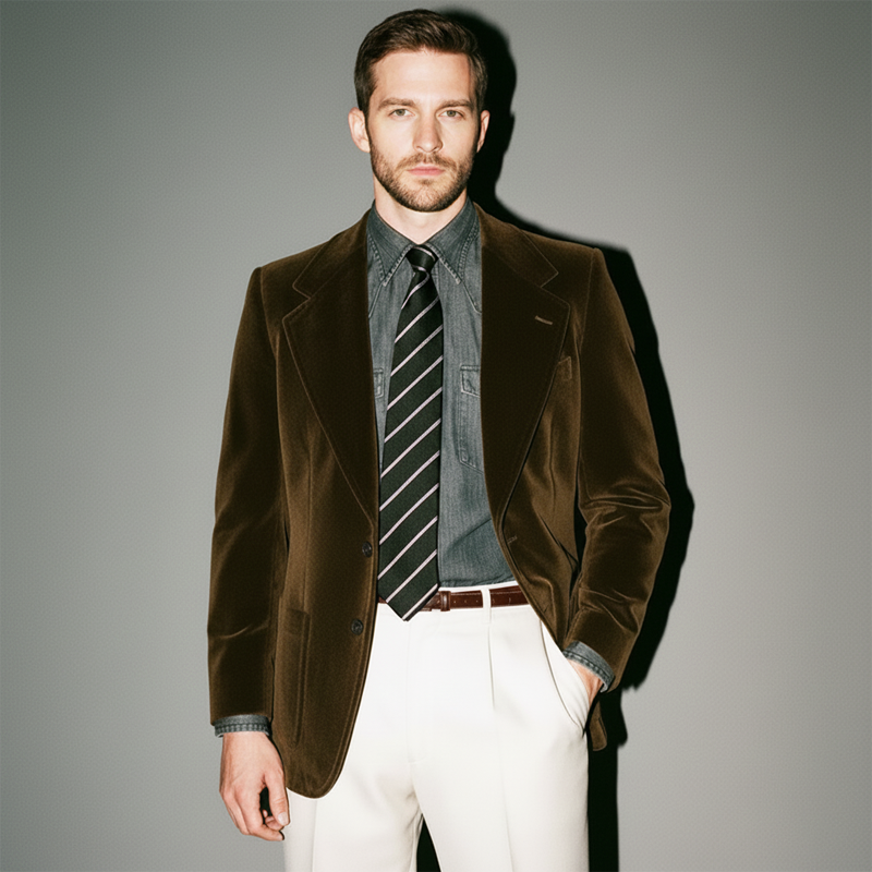 Men's Vintage Brown Velvet Two-Button Double-Vent Blazer MTA1012K6U