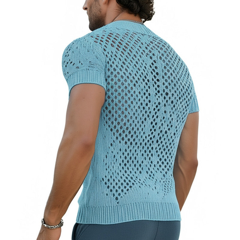 【24-hour shipping out】Men's Summer Fashion V-neck Knitted Mesh Breathable T-shirt MTA0240D7U