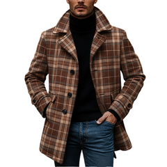 Men's Brushed Plaid Jacquard Lapel Mid-length Coat MTA2440K4X