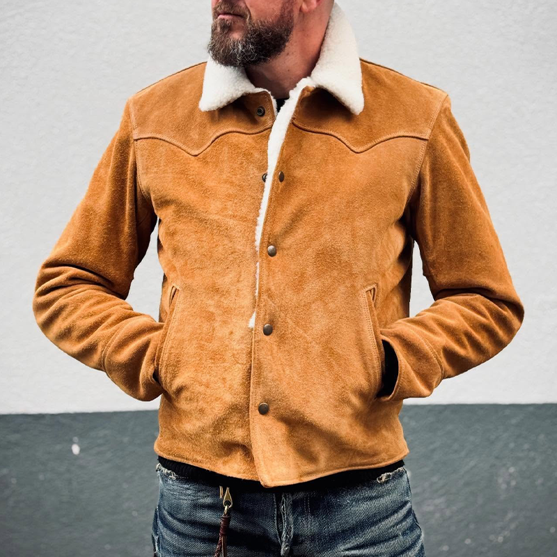 Men's Retro Solid Color Patchwork Faux Suede Lapel Button Jacket MTA0195L2X