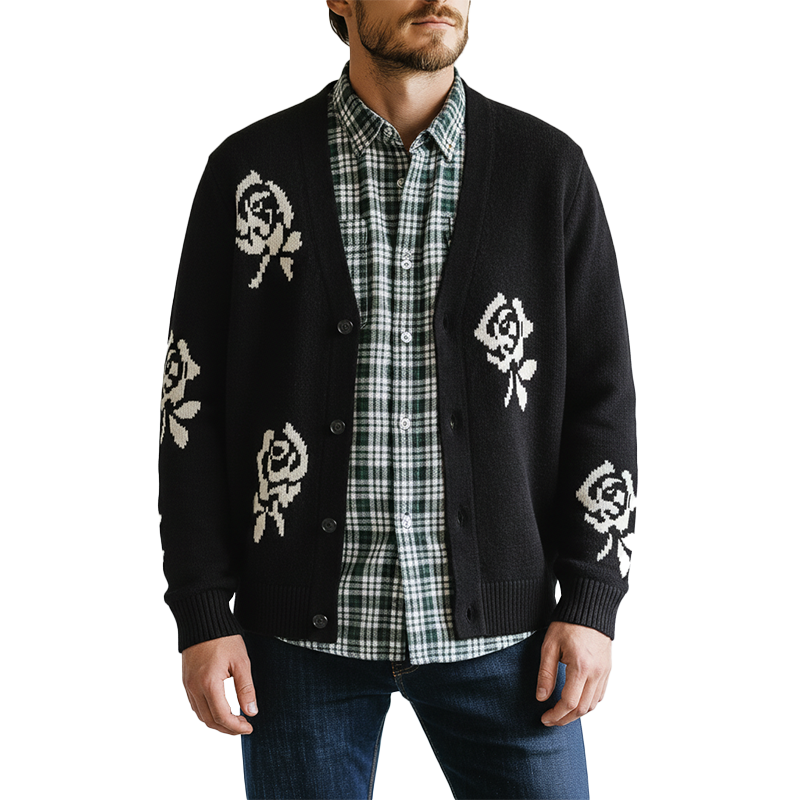Men's Winter Simple Rose Jacquard Cotton Yarn Knit Cardigan MTA1462K5P