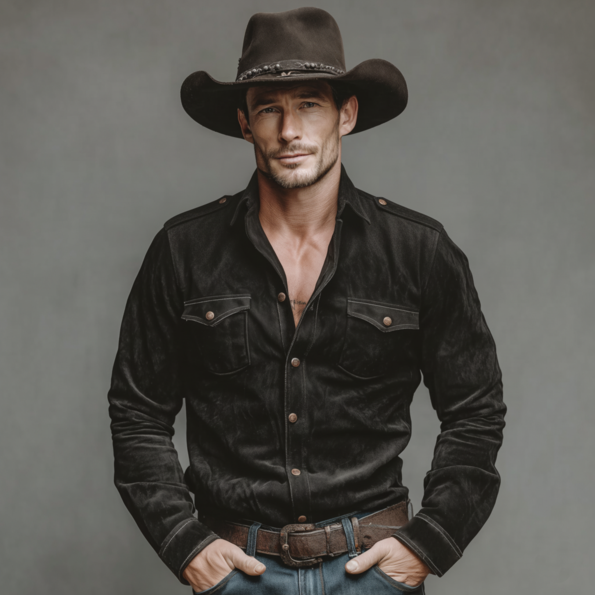 Men's Classic Retro Western Style Epaulette Design Faux Suede Long-sleeved Shirt MTA1741K5K