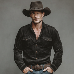 Men's Classic Retro Western Style Epaulette Design Faux Suede Long-sleeved Shirt MTA1741K5K