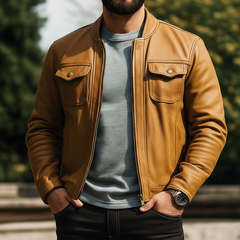 Men's Classic Orange Zip-up PU Leather Motorcycle Jacket MTA0403K9U