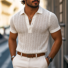 Men's Solid Hollow Out Plaid Knit Lapel Short Sleeve Polo Shirt MTA1865F2Z