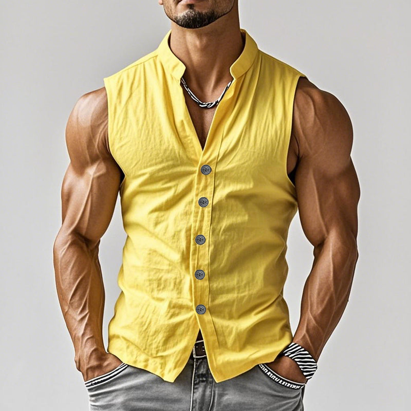 【24-hour shipping out】Men's Casual Comfort Cotton Stand Collar Single Breasted Sleeveless Shirt MTA0203D3M