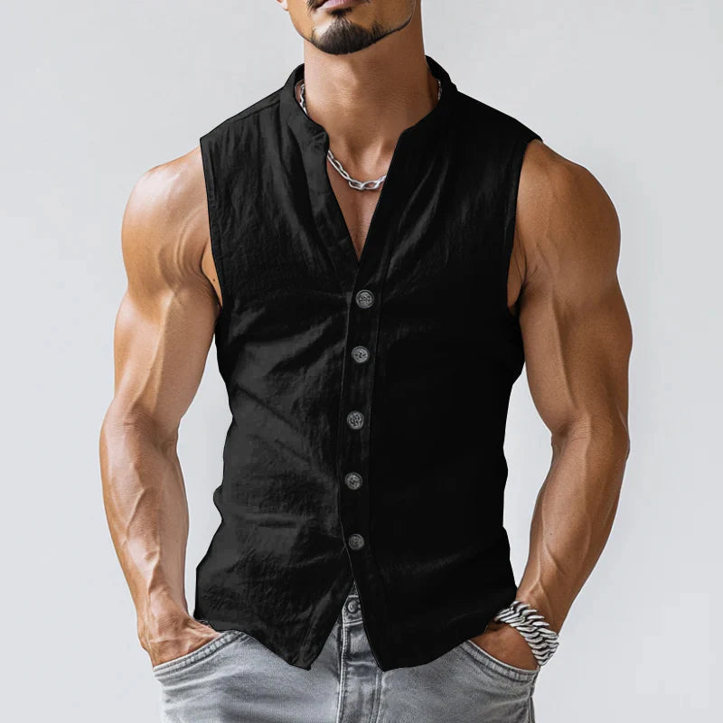 【24-hour shipping out】Men's Casual Comfort Cotton Stand Collar Single Breasted Sleeveless Shirt MTA0203D3M
