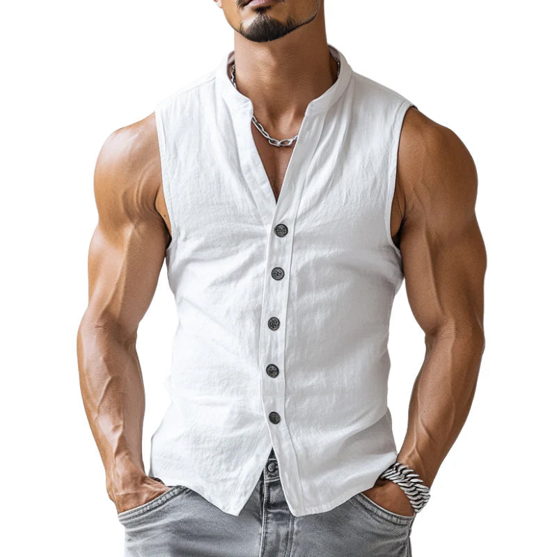 【24-hour shipping out】Men's Casual Comfort Cotton Stand Collar Single Breasted Sleeveless Shirt MTA0203D3M