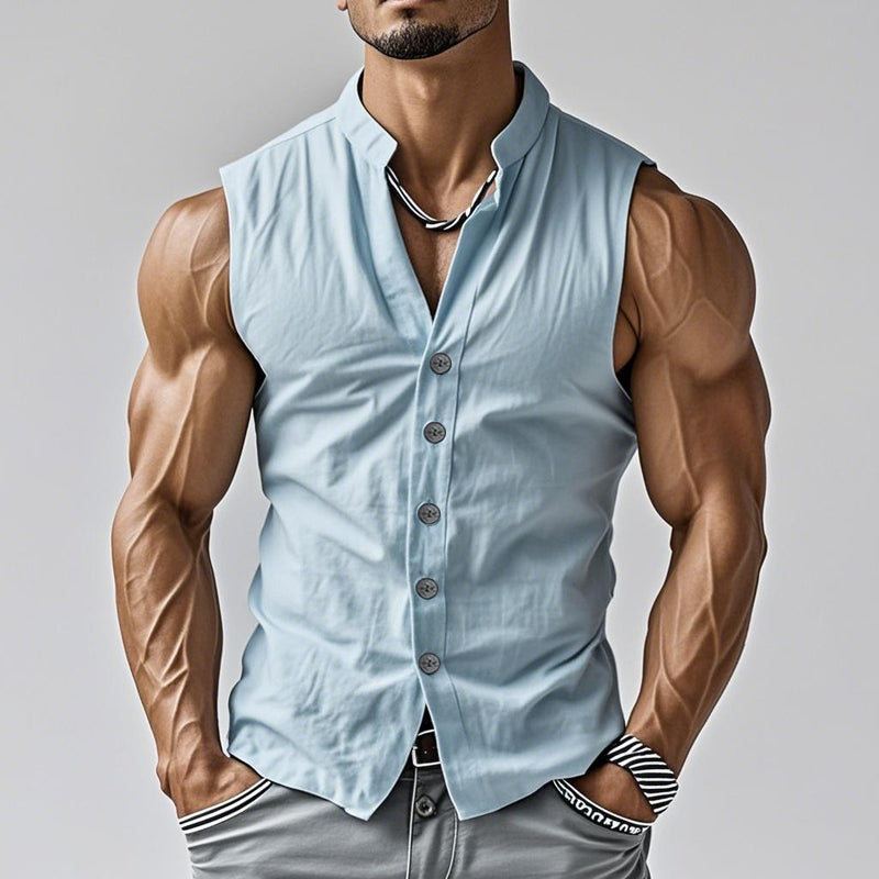【24-hour shipping out】Men's Casual Comfort Cotton Stand Collar Single Breasted Sleeveless Shirt MTA0203D3M