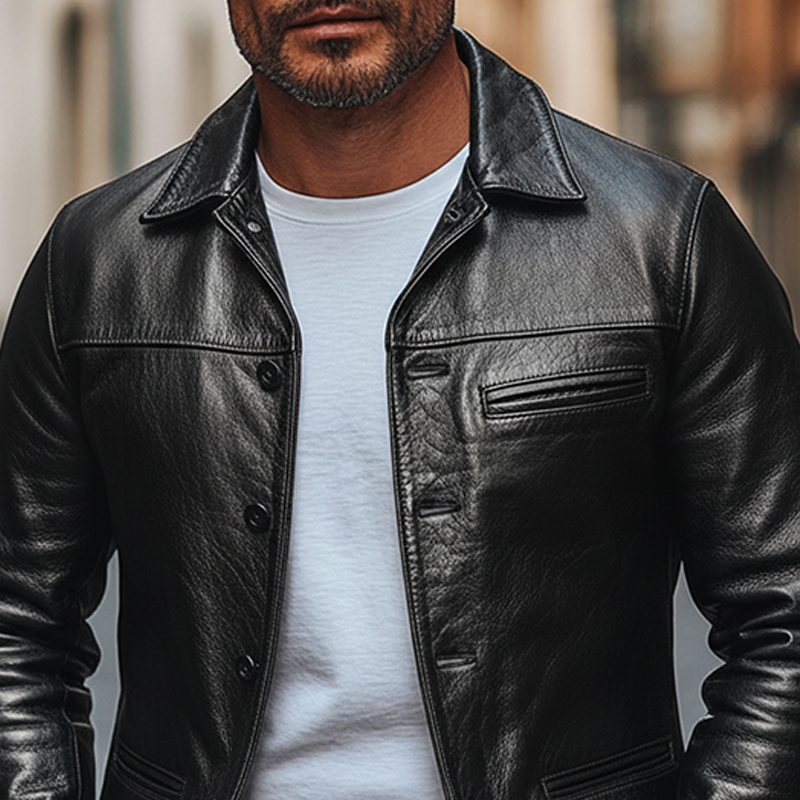 Men's Solid Color Retro Lapel Button PU Jacket MTA0431L2X