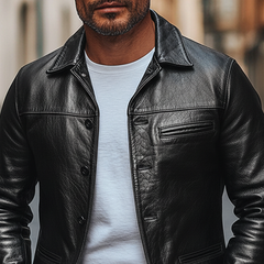 Men's Solid Color Retro Lapel Button PU Jacket MTA0431L2X