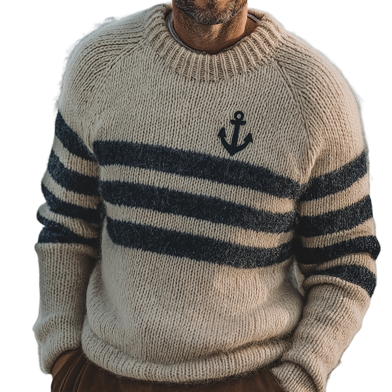 Men's Retro Casual Knitted Anchor Embroidered Crew Neck Sweater MTA0130L6TO