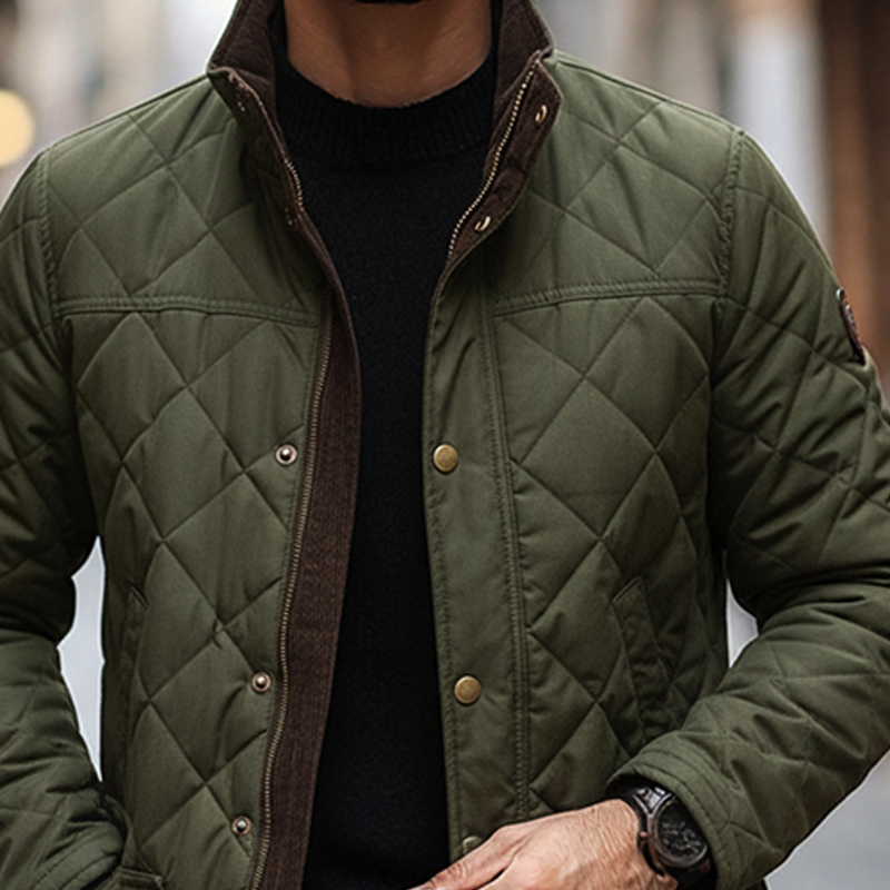 Men's Quilted Plaid Patchwork Stand Collar Corduroy Mid-length Coat MTA1930K5X