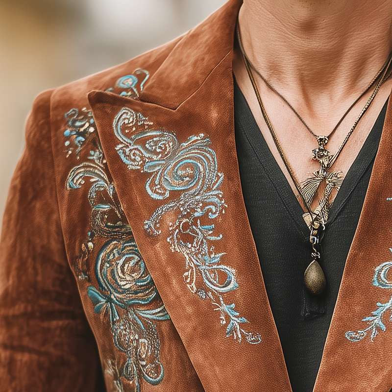 Men's Classic Double-Breasted Embroidered Suede Blazer MTA1007I6U