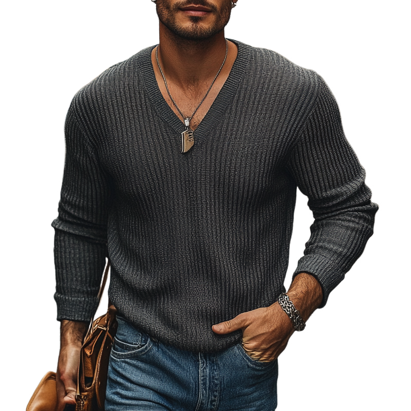 Men's Solid Color Knitted V-neck Loose Pullover Sweater MTA0509K2X