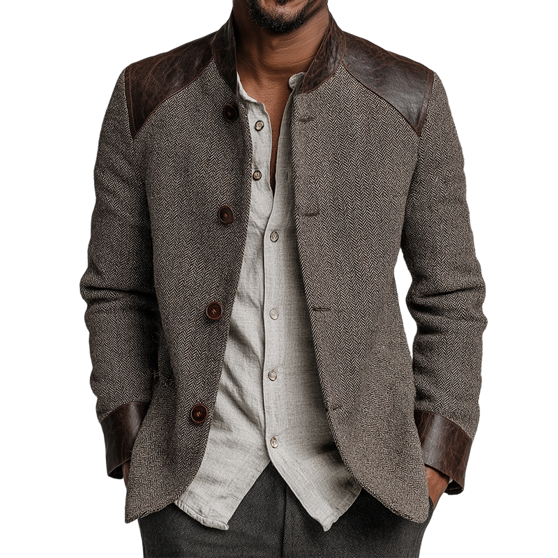 Men's Retro Casual Herringbone Tweed Patchwork PU Stand Collar Button Jacket MTA0197K0TO