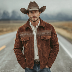 Men's Classic Retro Western Style Embroidered Lapel Faux Suede Jacket MTA2414K4K