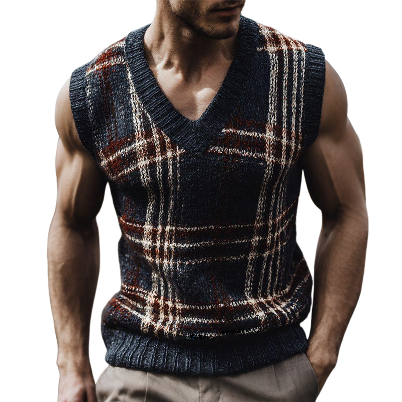 Men's Retro Casual Plaid Knit V-Neck Pullover Vest MTA1235K1TO