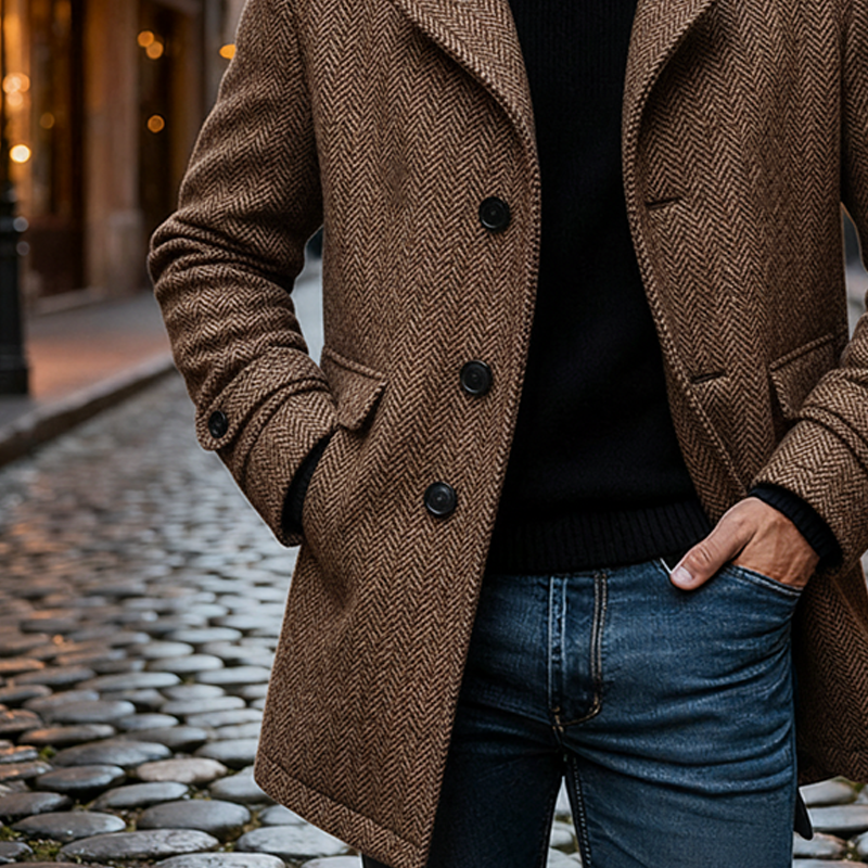 Men's Herringbone Vintage-style Mid-length Coat MTA1993K6X