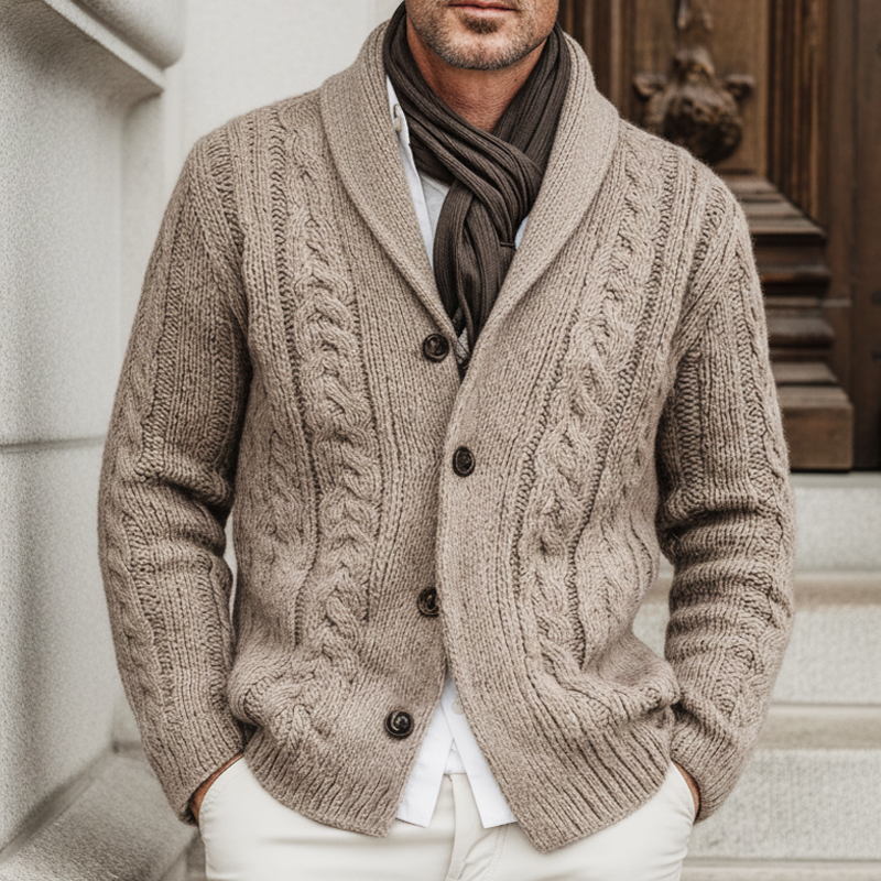 Men's Classic Khaki Cable Knit Jacquard Cardigan MTA2484K6U