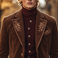 Men's Winter Retro Embroidered Corduroy Button Jacket MTA2119K8P