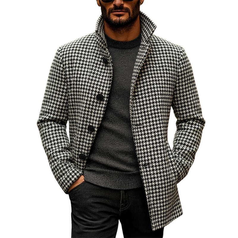 Men's Houndstooth Lapel Button-down Mid-length Coat MTA0101K1X