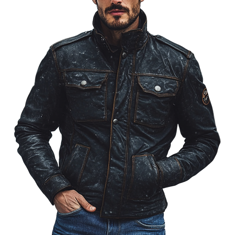 Men's Retro Solid Color Stand Collar Multi-Pocket PU Leather Jacket MTA0580K2X