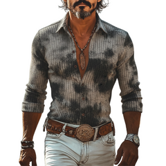 Men's Classic Retro Western Style Printed Ribbed Slim-fit Long-sleeved Shirt MTA0138L0K