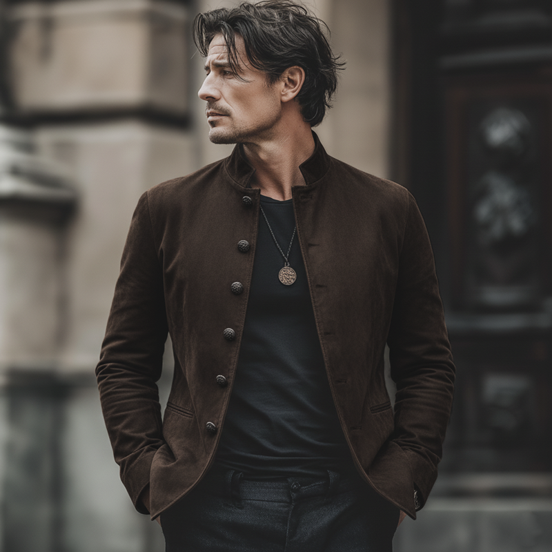 Men's Classic Chocolate Brown Stand-collar Suede Jacket MTA0103L1U