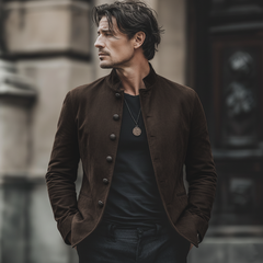 Men's Classic Chocolate Brown Stand-collar Suede Jacket MTA0103L1U