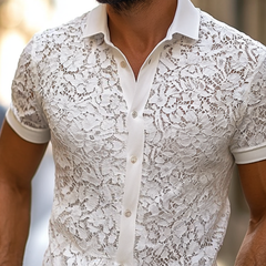 Men's Solid Lace Lapel Short Sleeve Shirt MTA2937E3Z