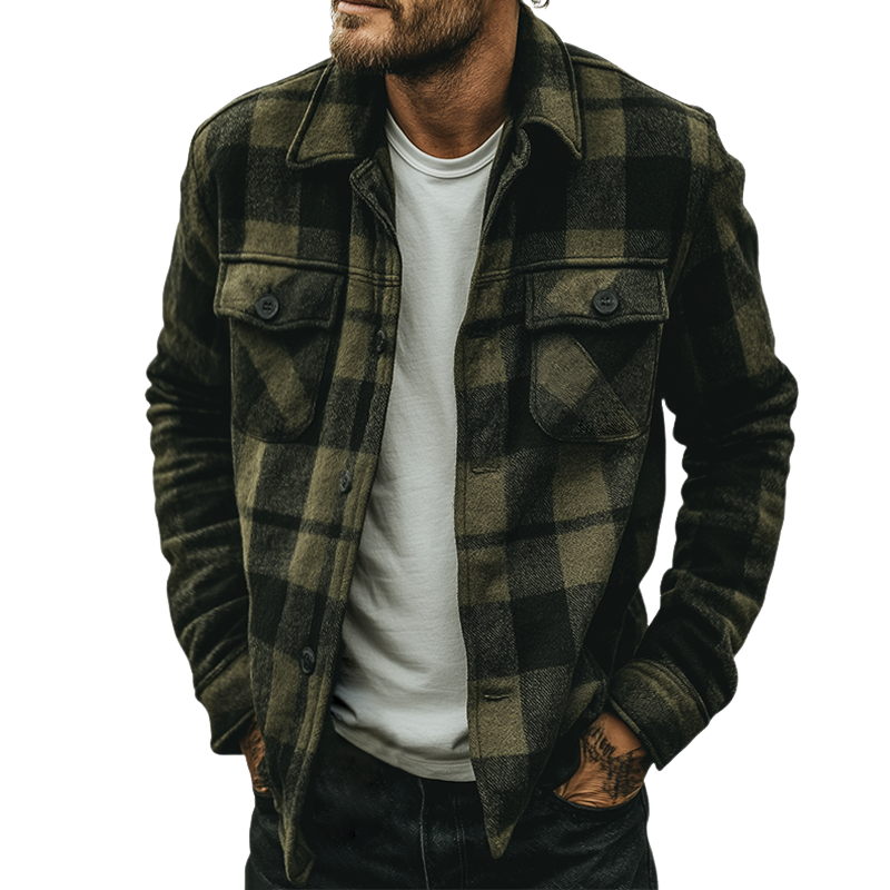 Men's Retro Casual Plaid Print Lapel Long-Sleeve Shirt Jacket MTA1124K9TO