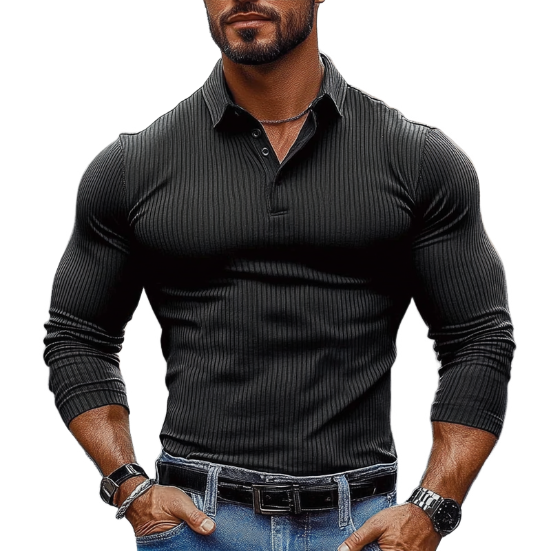 Men's Striped Textured Basic Elastic Long-sleeved POLO Shirt MTA1139J2X
