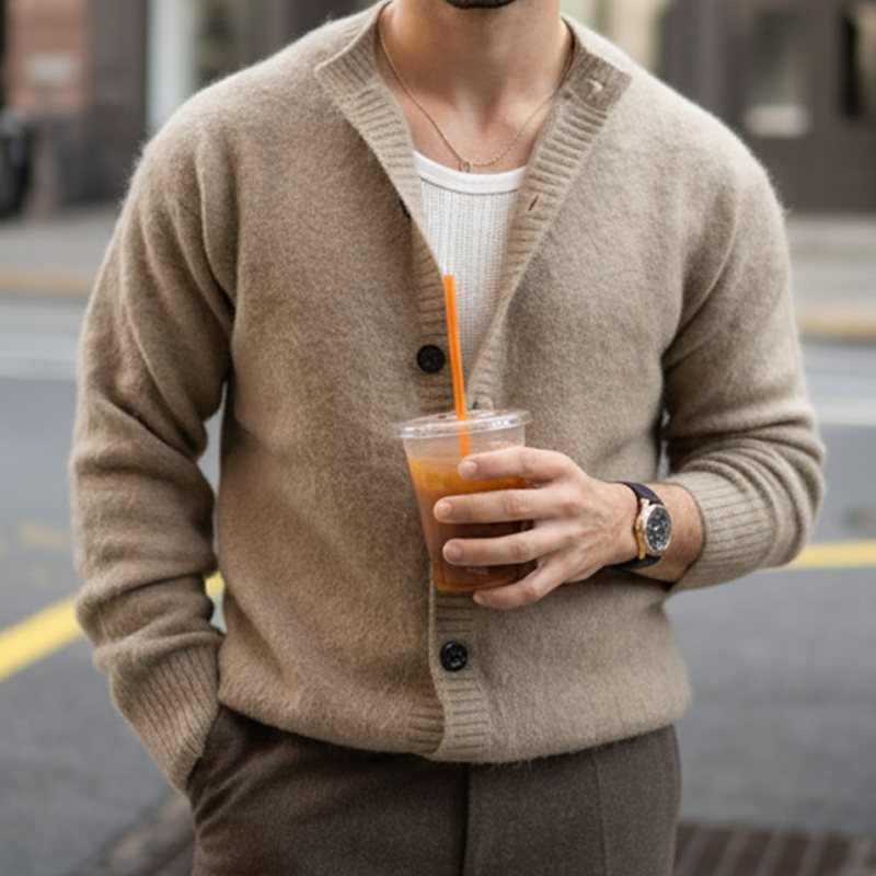 Men's Classic Business Camel Button-Down Knit Cardigan MTA0773K2U