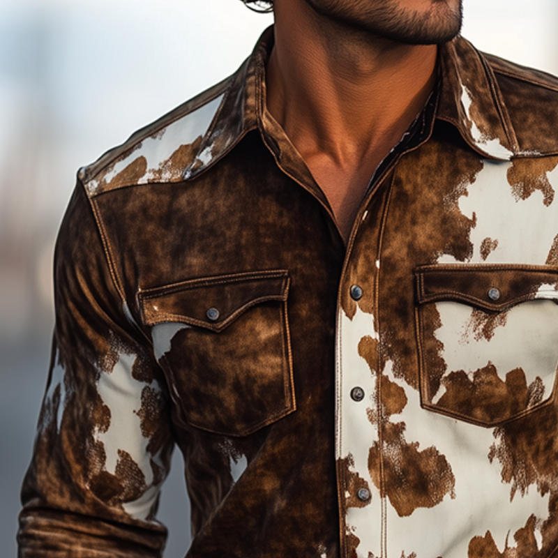 Men's Retro Casual Western Style Cow Print Suede Lapel Long Sleeve Shirt MTA1964H9TO