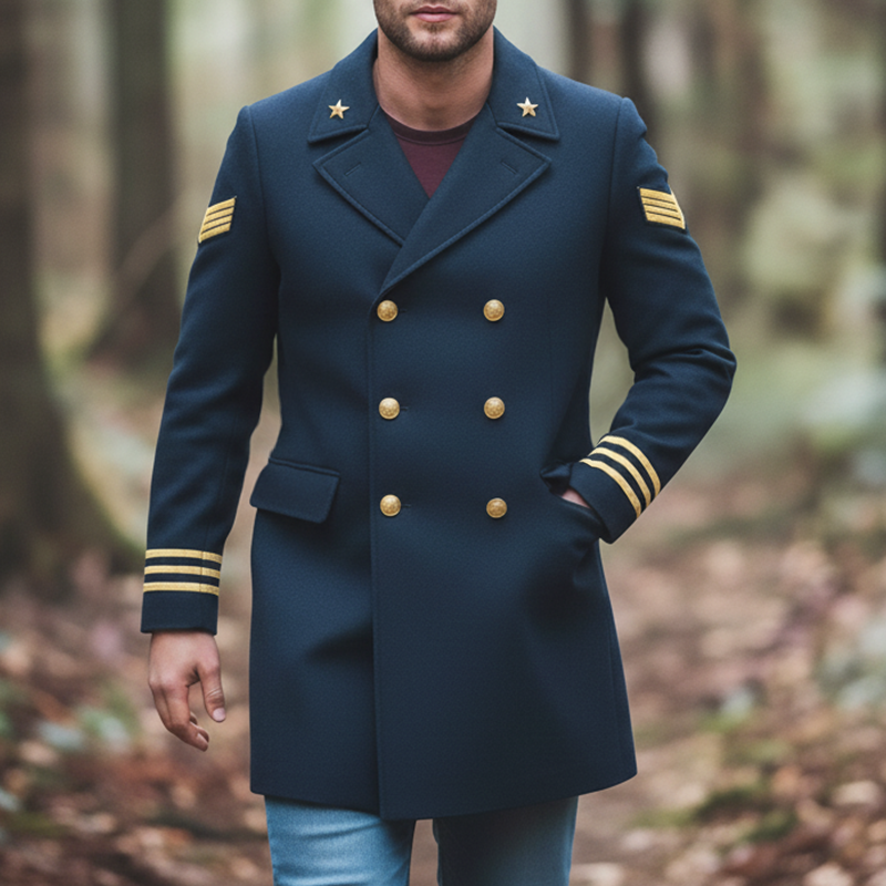 Men's Winter Retro Color-blocked Faux Wool Double-breasted Military Overcoat MTA2488K2P